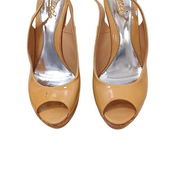 Gucci Patent Leather Strafish Raffia Wedge Slingback Sz 39.5 Tan Beige Vernice - Picture 6 of 16